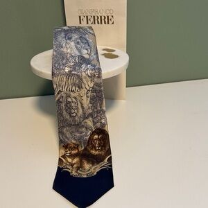 Gianfranco Ferre Vintage Silk Blue and Brown Wildlife Tiger and Lion Print Tie